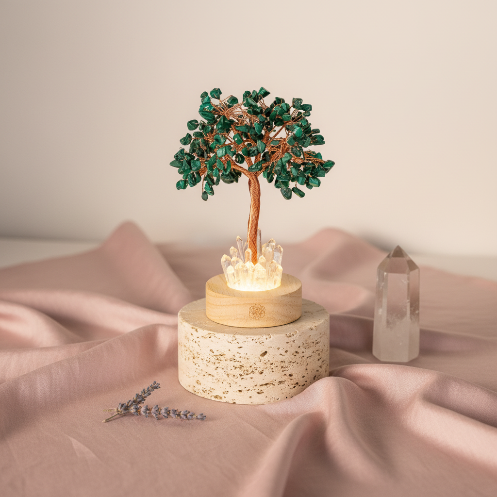A malachite crystal tree lamp with copper wire branches and a clear quartz base displayed on a softly draped studio surface with a stone pedestal and crystal point. — for Carpe Diem Dream
