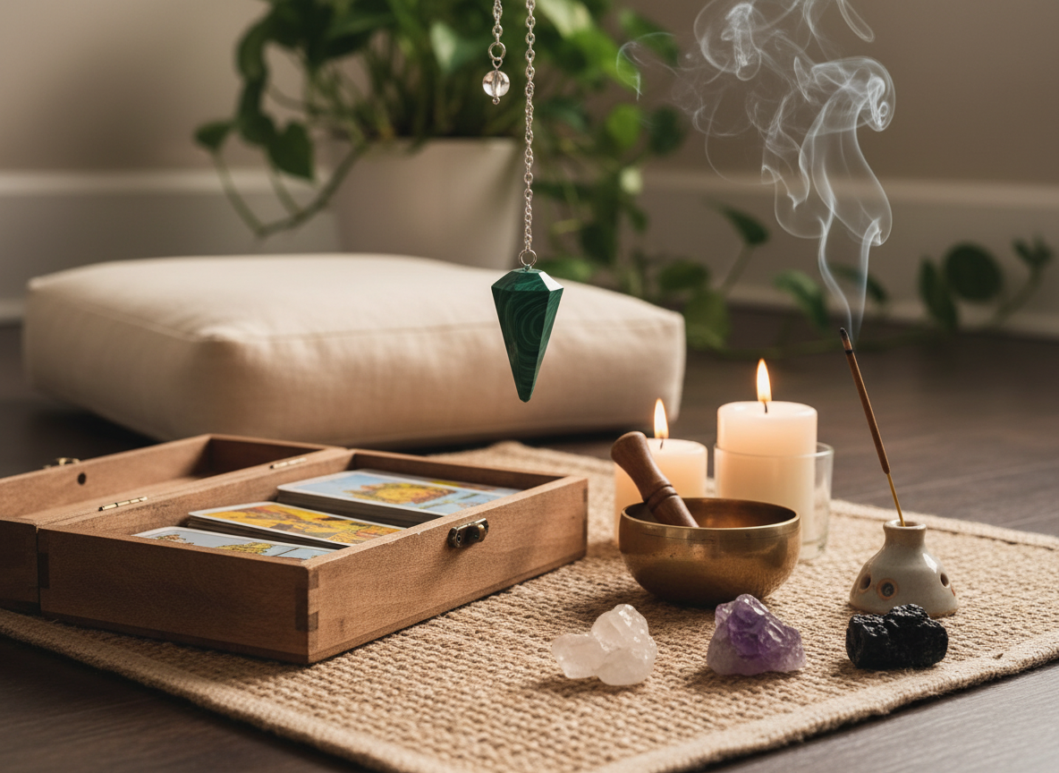 Malachite crystal pendulum suspended above a serene altar setup with tarot cards, incense smoke, candles, and healing crystals in warm natural light – for Carpe Diem Dream.