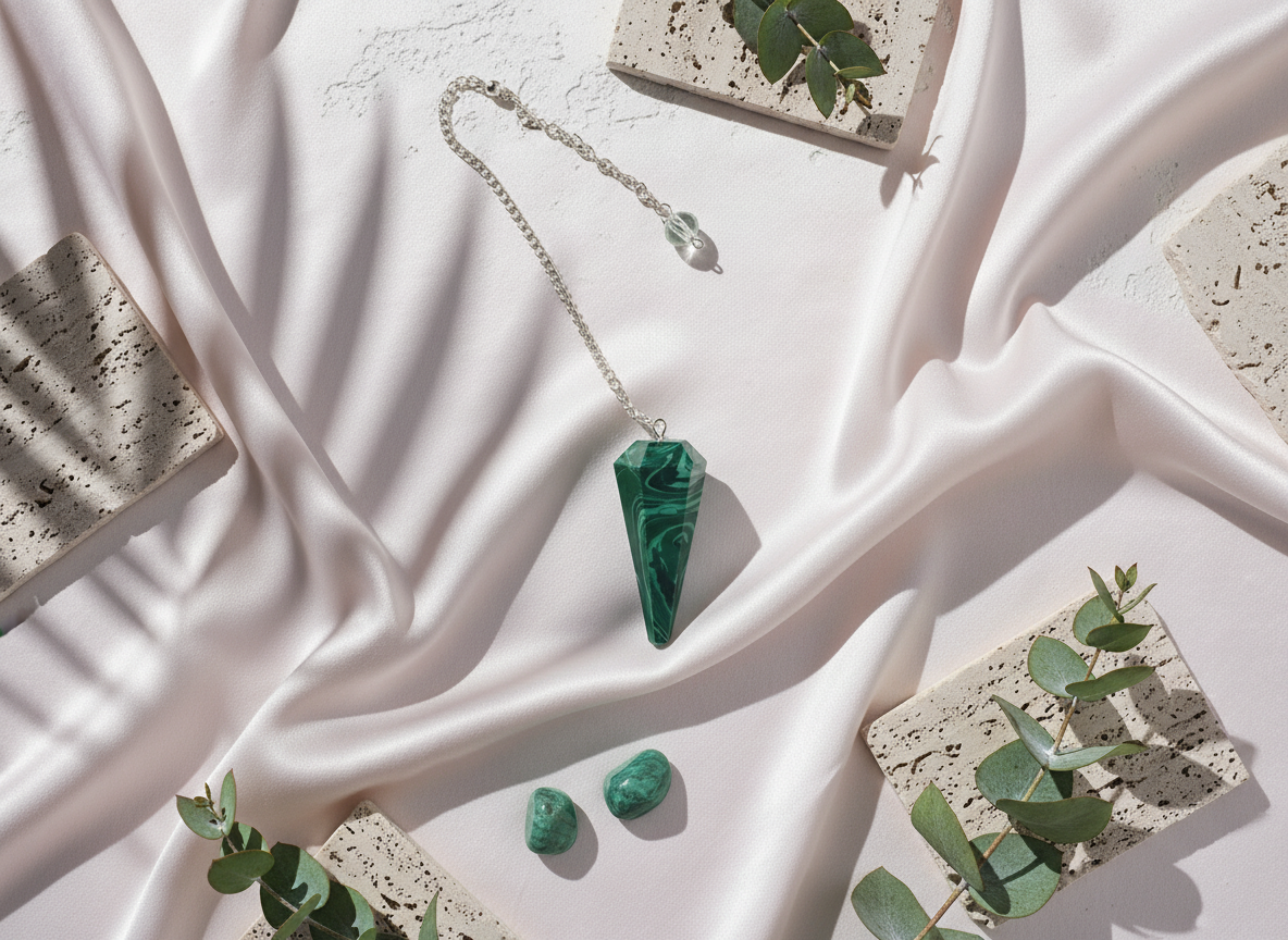 Malachite crystal pendulum displayed on soft ivory silk with travertine tiles, eucalyptus sprigs, and natural light creating a serene botanical scene – for Carpe Diem Dream.