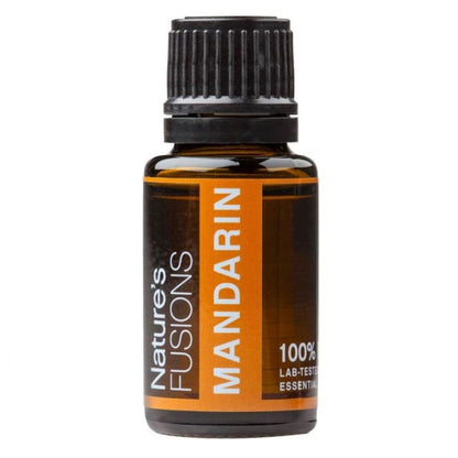 Amber glass bottle of Mandarin Essential Oil with black ribbed cap and orange label on white background. — for Carpe Diem Dream