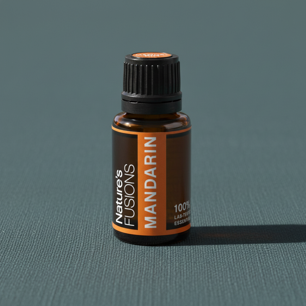 Amber glass bottle of Mandarin Essential Oil standing upright on muted teal textured background with soft directional shadow. — for Carpe Diem Dream