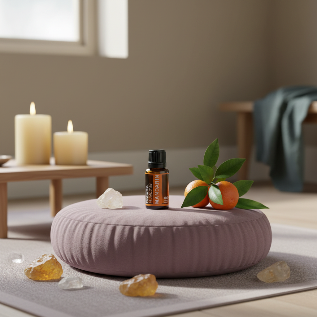 Amber glass bottle of Mandarin Essential Oil placed on a mauve meditation cushion beside fresh mandarins with green leaves, clear and golden crystal stones, and two lit pillar candles on a wooden bench in soft natural light. — for Carpe Diem Dream
