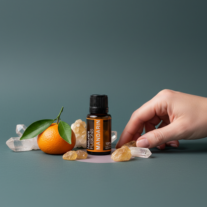Amber glass bottle of Mandarin Essential Oil placed beside fresh mandarin with green leaves and clear and golden crystal stones with a hand reaching toward the crystals on a muted teal background in soft natural light. — for Carpe Diem Dream