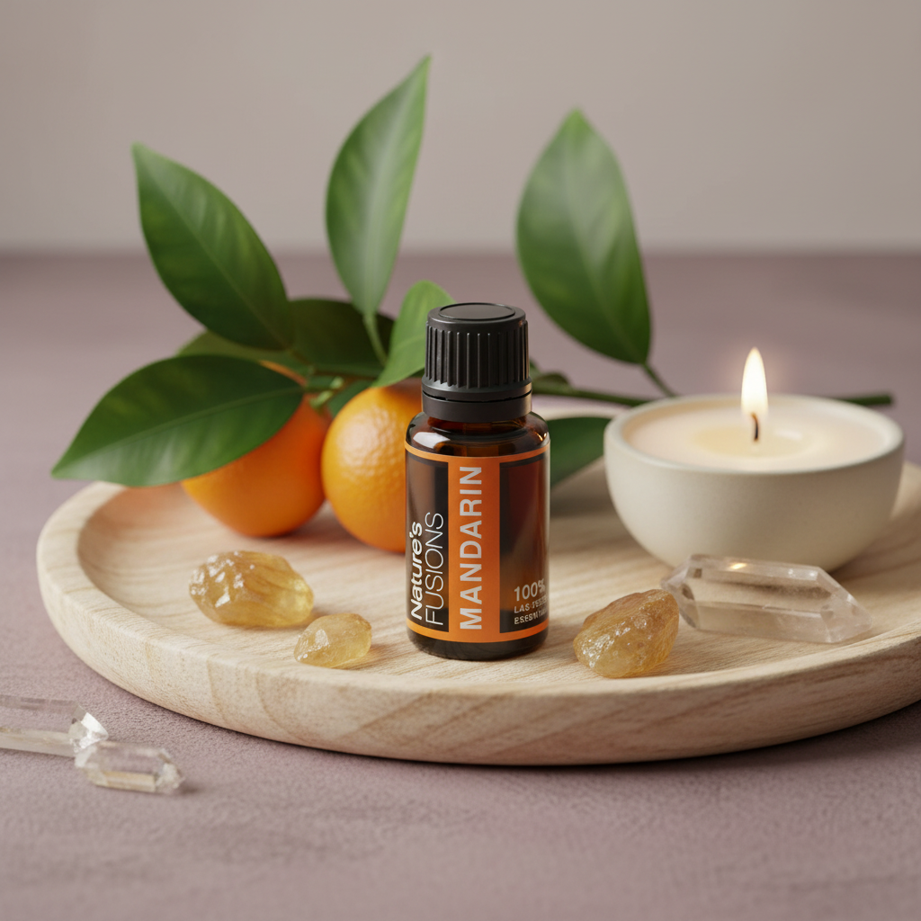 Amber glass bottle of Mandarin Essential Oil placed on a round wooden tray beside fresh mandarins with green leaves, a lit white candle in a ceramic bowl, and clear and golden crystal stones in soft natural light. — for Carpe Diem Dream