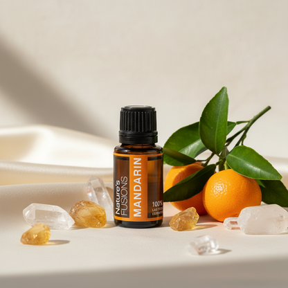 Amber glass bottle of Mandarin Essential Oil styled beside fresh mandarins with green leaves and clear and golden crystal stones on a white fabric surface in soft natural light. — for Carpe Diem Dream