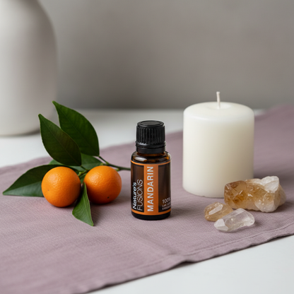 Amber glass bottle of Mandarin Essential Oil styled beside fresh mandarins with green leaves, a white pillar candle, and clear and golden crystal stones on a mauve fabric surface in soft natural light. — for Carpe Diem Dream