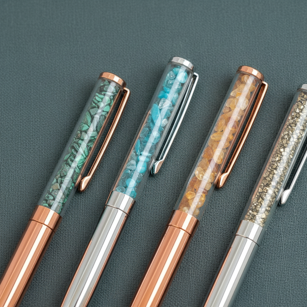 A close-up view of four crystal-infused pens on a textured teal surface, highlighting the gemstone chambers of Malachite, Apatite, Citrine, and Pyrite with rose gold and silver finishes. — for Carpe Diem Dream