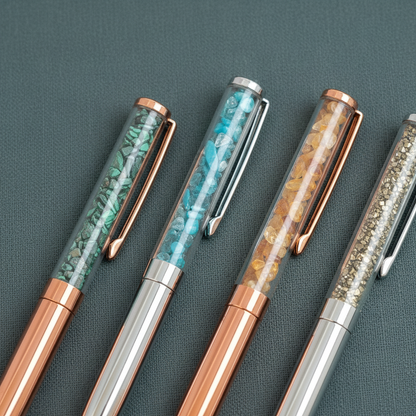 A close-up view of four crystal-infused pens on a textured teal surface, highlighting the gemstone chambers of Malachite, Apatite, Citrine, and Pyrite with rose gold and silver finishes. — for Carpe Diem Dream