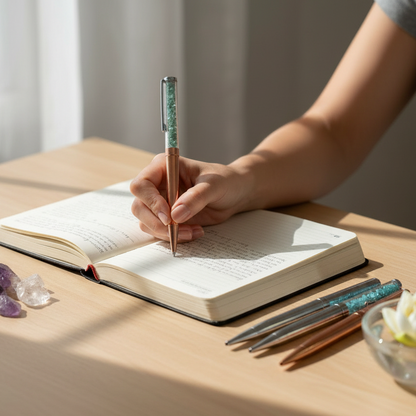 A hand writes in an open journal with a Malachite crystal-infused pen, with the remaining gemstone pens, amethyst points, and a lotus bowl arranged on a sunlit wooden desk. — for Carpe Diem Dream