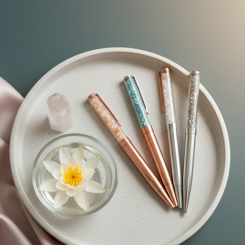 Four crystal-infused pens arranged on a round ceramic tray beside a floating lotus blossom and a clear quartz point, styled on soft satin fabric with warm, serene lighting. — for Carpe Diem Dream