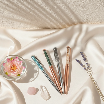 Four crystal-infused pens arranged on soft cream fabric with a floating lotus blossom, rose quartz, and lavender sprigs, illuminated by warm natural light and botanical shadows. — for Carpe Diem Dream