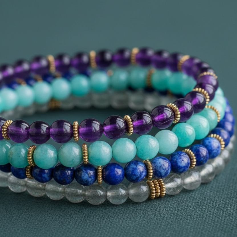 A close-up view of a four-bracelet manifestation set showing amazonite, labradorite, amethyst, and lapis lazuli beads with gold-toned spacer accents against a muted teal textured background. — for Carpe Diem Dream