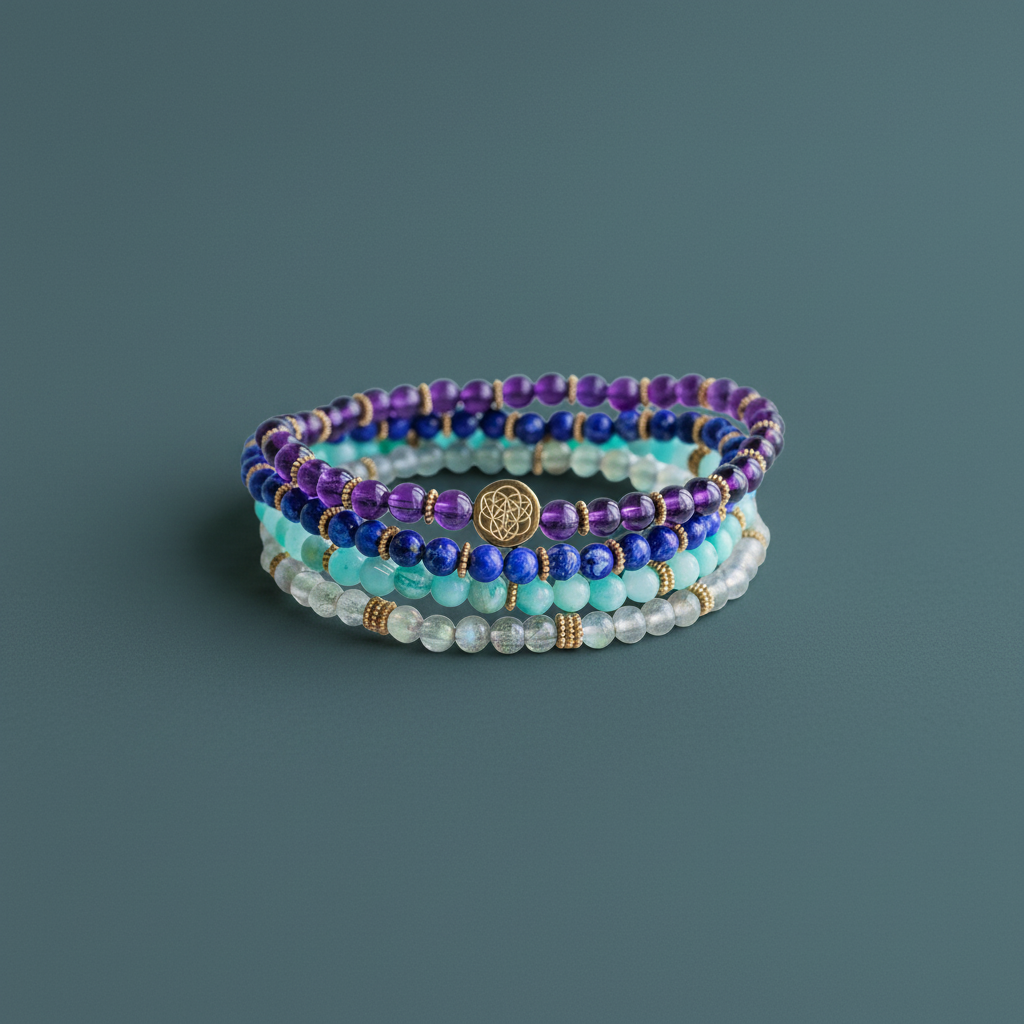 A four-bracelet manifestation set featuring amazonite, labradorite, amethyst, and lapis lazuli beads stacked neatly against a muted teal background. — for Carpe Diem Dream