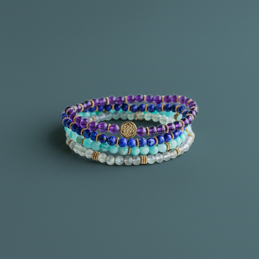 A four-bracelet manifestation set featuring amazonite, labradorite, amethyst, and lapis lazuli beads stacked neatly against a muted teal background. — for Carpe Diem Dream