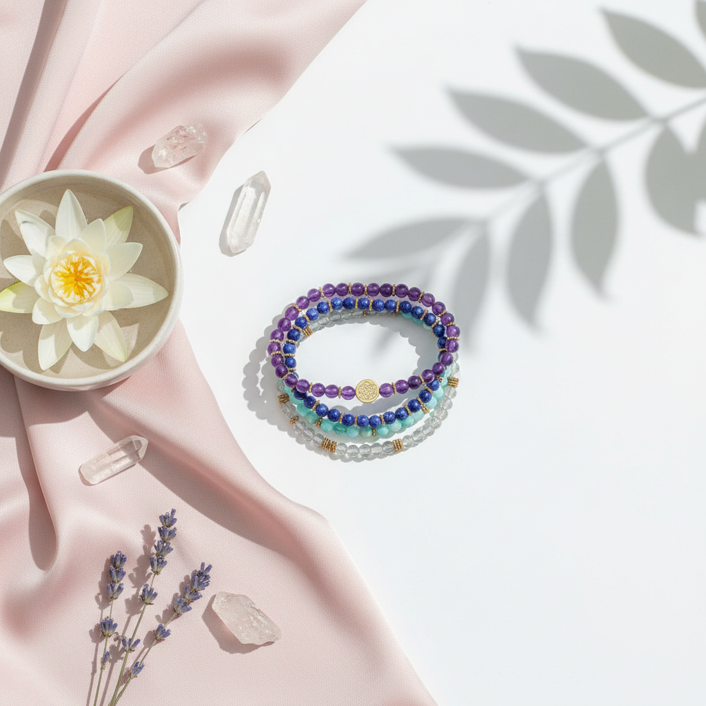 A four-bracelet manifestation set featuring amazonite, labradorite, amethyst, and lapis lazuli beads arranged in a studio botanical setting with soft fabric, crystals, and a lotus bowl. — for Carpe Diem Dream