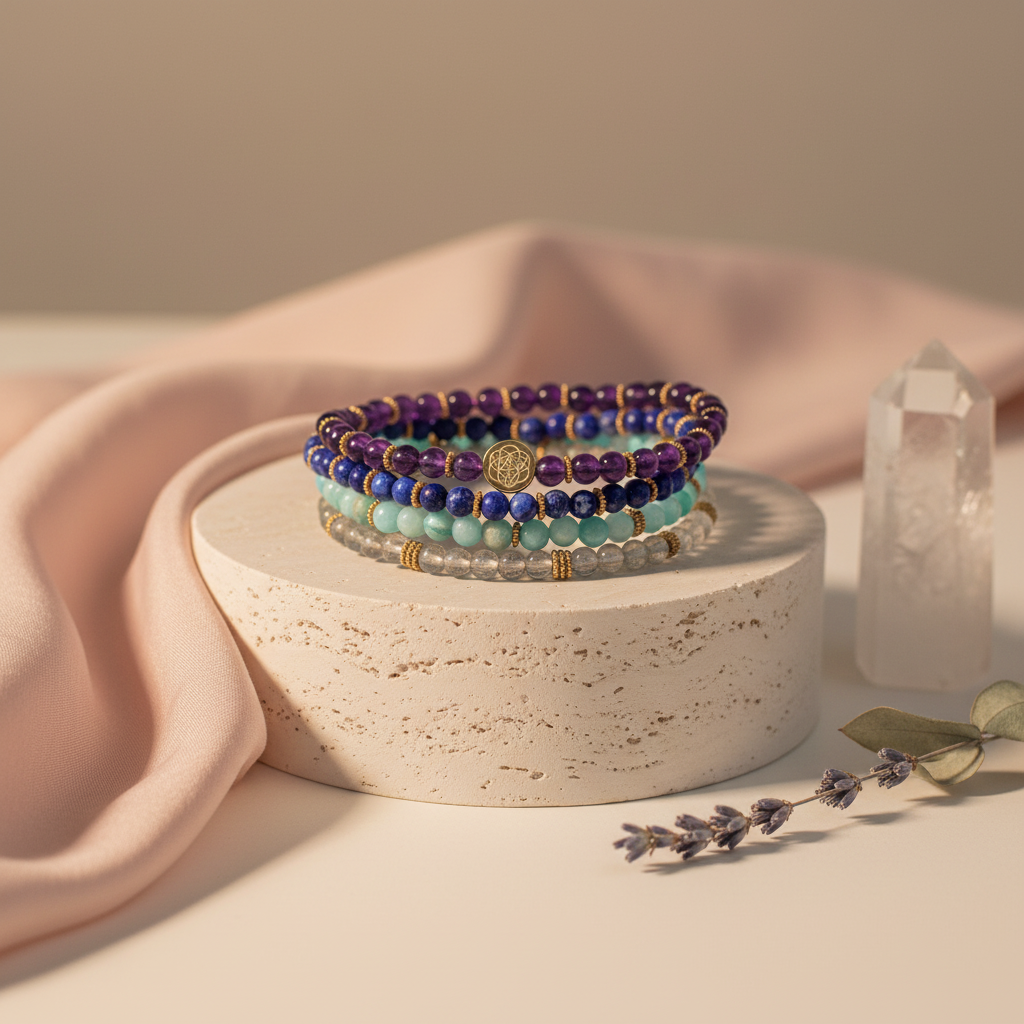 A four-bracelet manifestation set arranged on a stone pedestal with soft pink fabric, a clear quartz point, and subtle botanicals in a serene studio ritual setting. — for Carpe Diem Dream