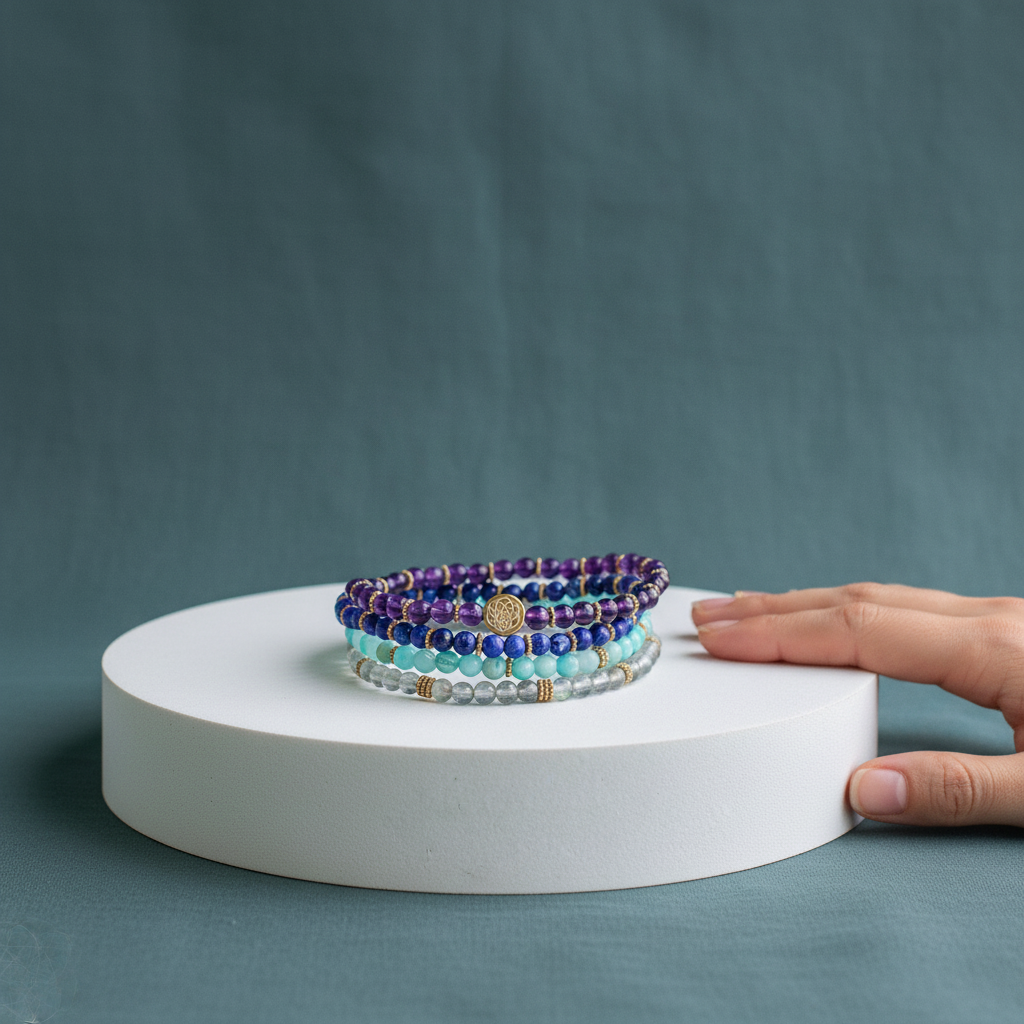A four-bracelet manifestation set displayed on a white pedestal beside a resting hand, showing scale and bead size against a muted teal backdrop. — for Carpe Diem Dream