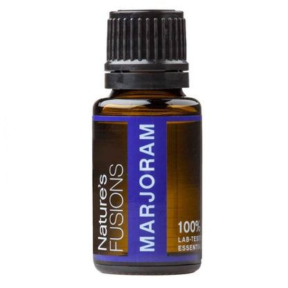 Amber glass bottle of Marjoram Essential Oil with black ribbed cap and blue label on white background. — for Carpe Diem Dream