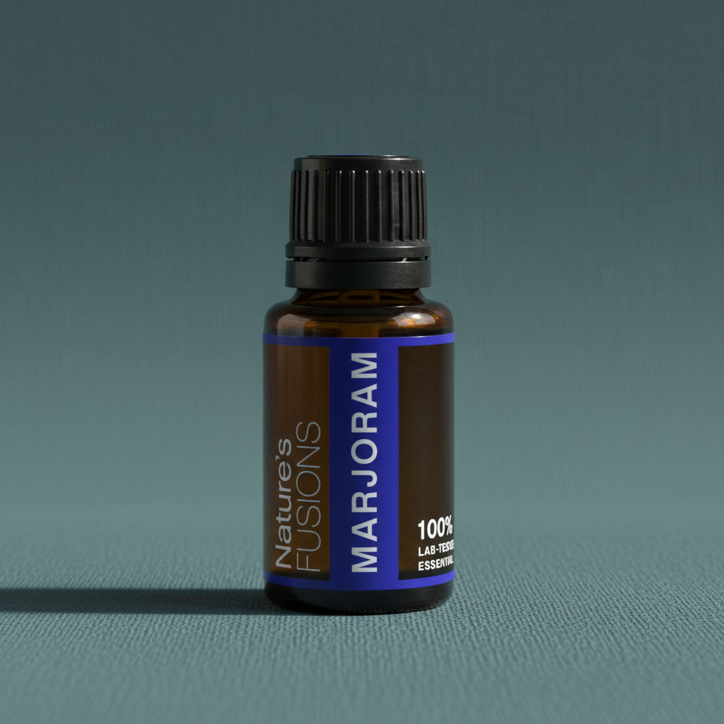 Close-up of amber glass bottle of Marjoram Essential Oil with black ribbed cap on muted teal textured background with soft directional shadow. — for Carpe Diem Dream