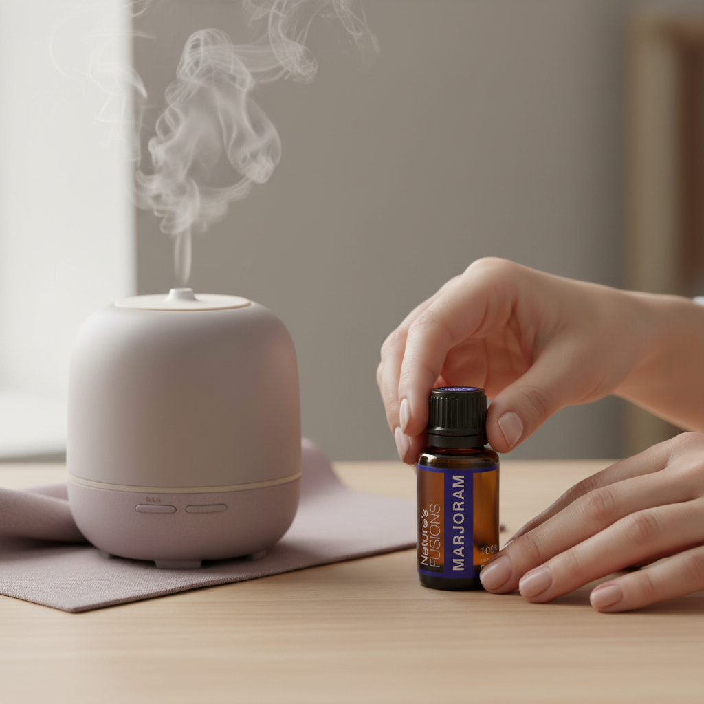 Amber glass bottle of Marjoram Essential Oil held beside a white essential oil diffuser with visible mist on a wooden surface in soft natural light. — for Carpe Diem Dream