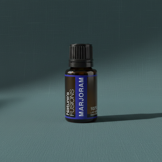 Amber glass bottle of Marjoram Essential Oil standing upright on muted teal textured background with soft directional shadow. — for Carpe Diem Dream