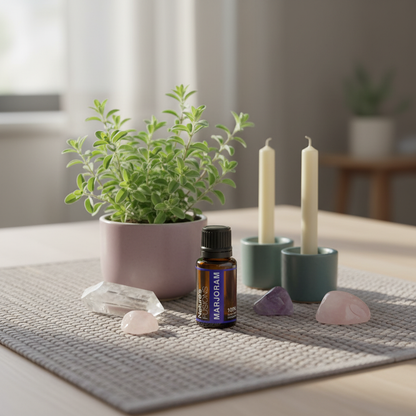 Amber glass bottle of Marjoram Essential Oil placed on a woven mat beside a small potted marjoram plant, two taper candles in teal holders, and clear and pink crystal stones in soft natural light. — for Carpe Diem Dream