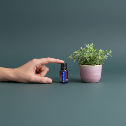 Amber glass bottle of Marjoram Essential Oil placed beside a small potted marjoram plant with a hand positioned next to the bottle for size reference on a muted teal background. — for Carpe Diem Dream