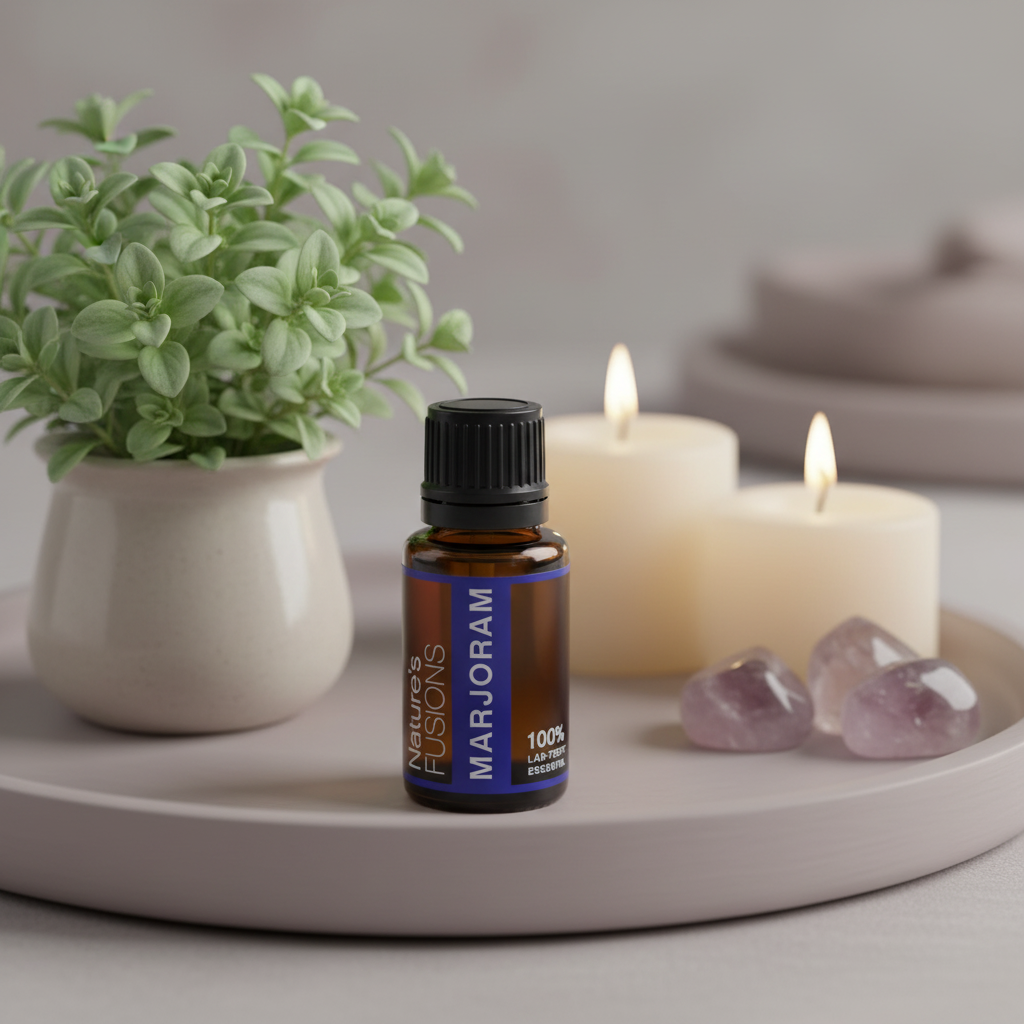 Amber glass bottle of Marjoram Essential Oil placed on a round tray beside a small potted marjoram plant, two lit pillar candles, and polished crystal stones in soft natural light. — for Carpe Diem Dream