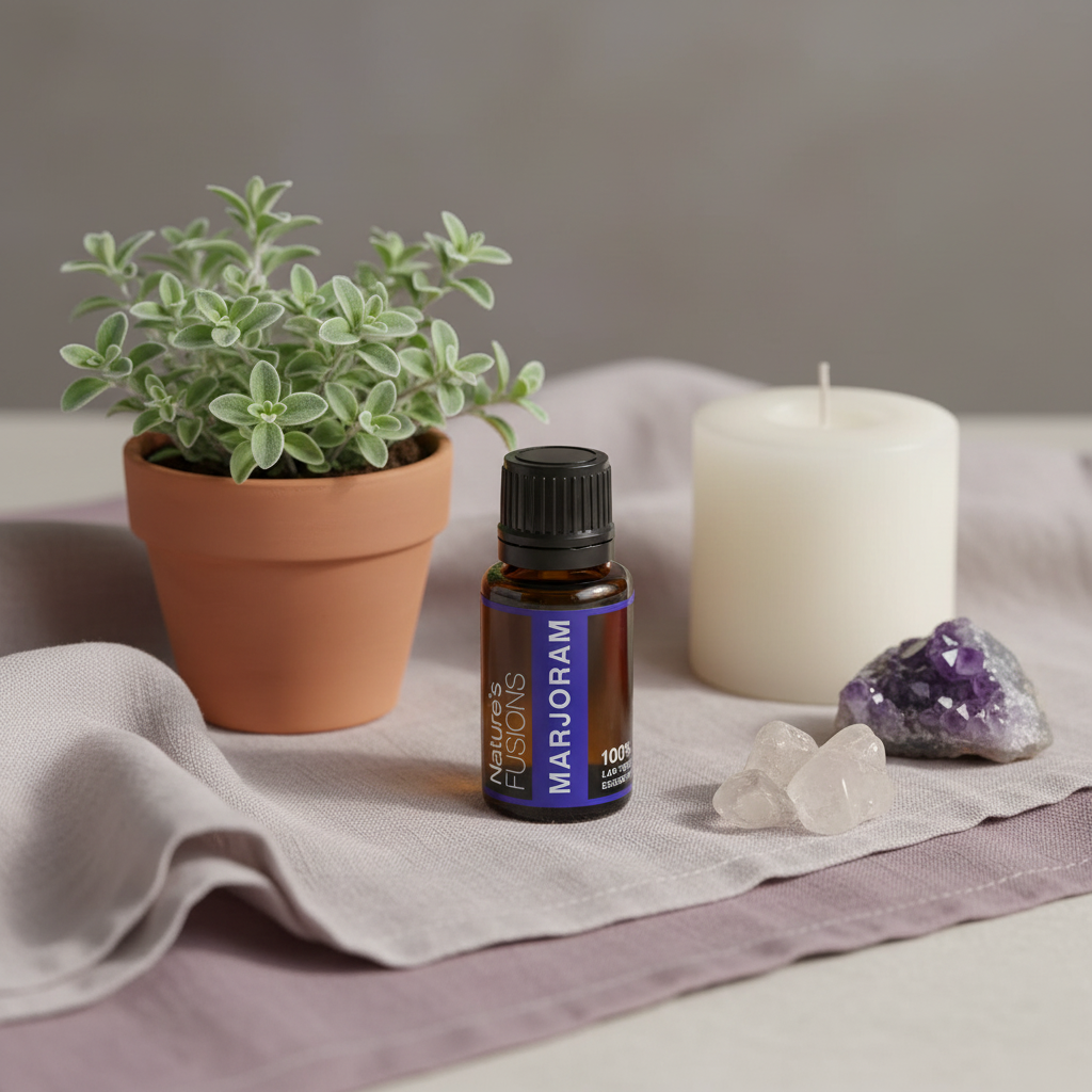 Amber glass bottle of Marjoram Essential Oil placed on folded neutral fabric beside a small potted marjoram plant, white pillar candle, and clear and purple crystal stones in soft natural light. — for Carpe Diem Dream