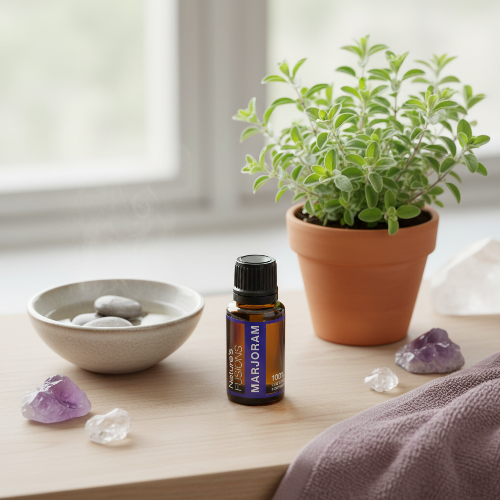 Amber glass bottle of Marjoram Essential Oil placed on a wooden surface beside a small potted marjoram plant, ceramic bowl with smooth stones, clear and purple crystal stones, and soft natural window light. — for Carpe Diem Dream