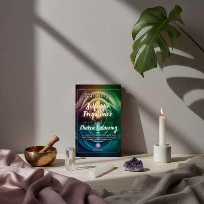 Mastering Solfeggio Frequencies and Chakra Balancing paperback book displayed with sound-healing tools, crystals, selenite, and candlelight in an editorial-style setting. — for Carpe Diem Dream