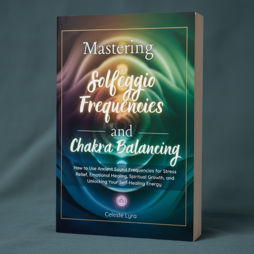 Close-up view of the Mastering Solfeggio Frequencies and Chakra Balancing paperback book cover showing detailed artwork and title text. — for Carpe Diem Dream