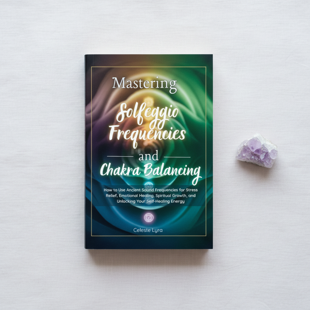 Mastering Solfeggio Frequencies and Chakra Balancing paperback book displayed on a light surface beside an amethyst crystal. — for Carpe Diem Dream