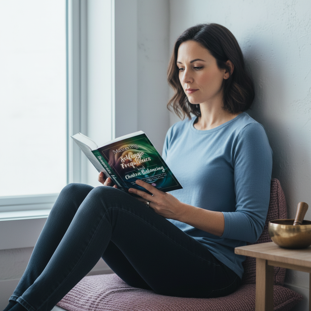 Woman reading the Mastering Solfeggio Frequencies and Chakra Balancing paperback book beside a singing bowl in a peaceful home setting. — for Carpe Diem Dream