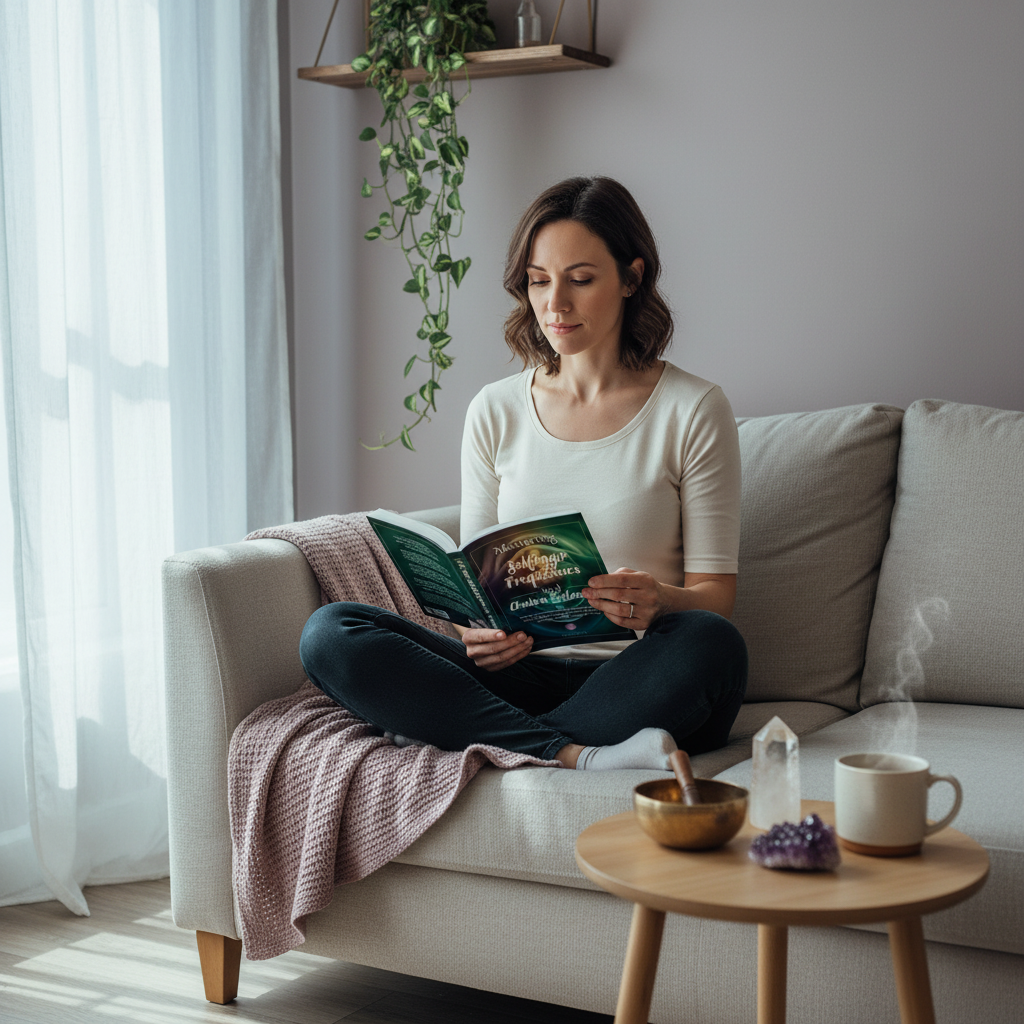 Woman reading the Mastering Solfeggio Frequencies and Chakra Balancing paperback book in a peaceful home environment with sound-healing inspired décor. — for Carpe Diem Dream