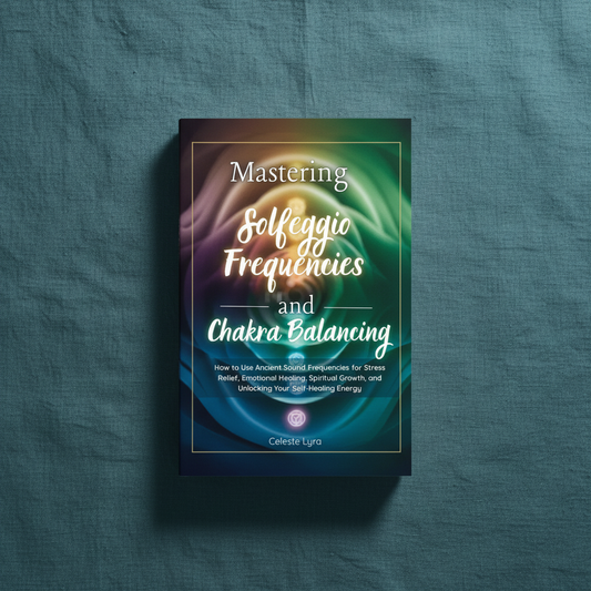 Mastering Solfeggio Frequencies and Chakra Balancing paperback book displayed on a teal textured background with the cover fully visible. — for Carpe Diem Dream