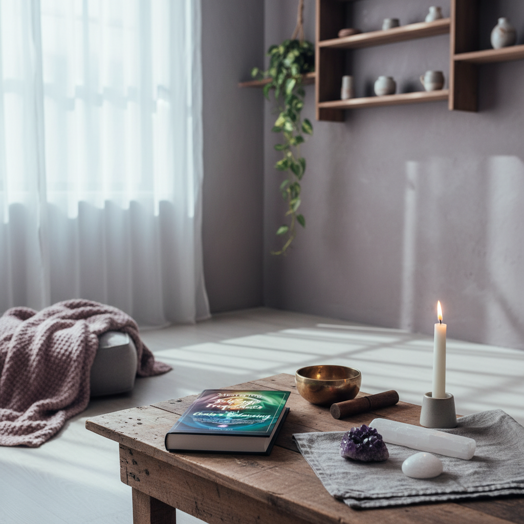 Mastering Solfeggio Frequencies and Chakra Balancing paperback book displayed in a peaceful meditation setting with a singing bowl, crystals, selenite, and candlelight. — for Carpe Diem Dream