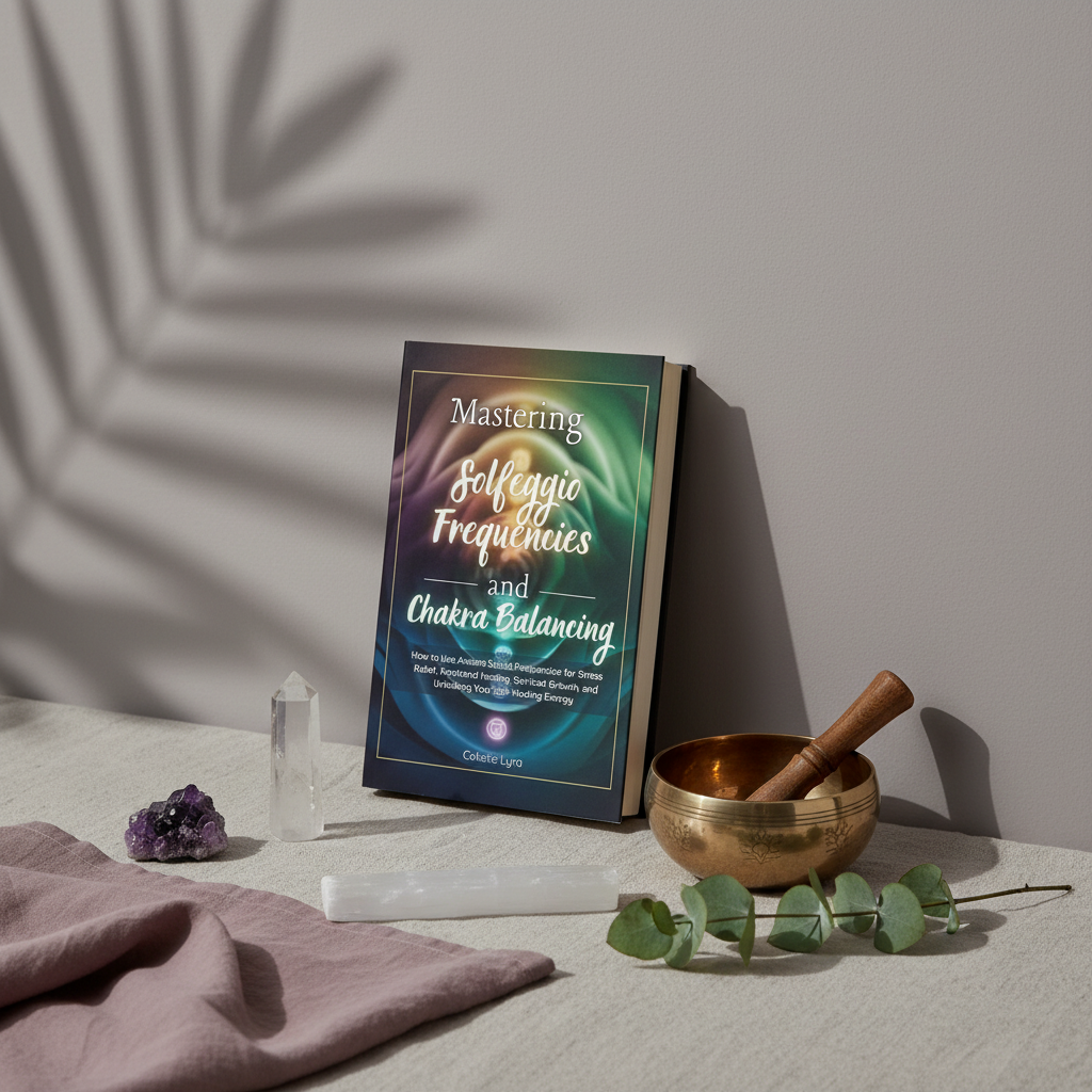 Mastering Solfeggio Frequencies and Chakra Balancing paperback book displayed with a singing bowl, crystals, and botanical accents in soft natural light. — for Carpe Diem Dream