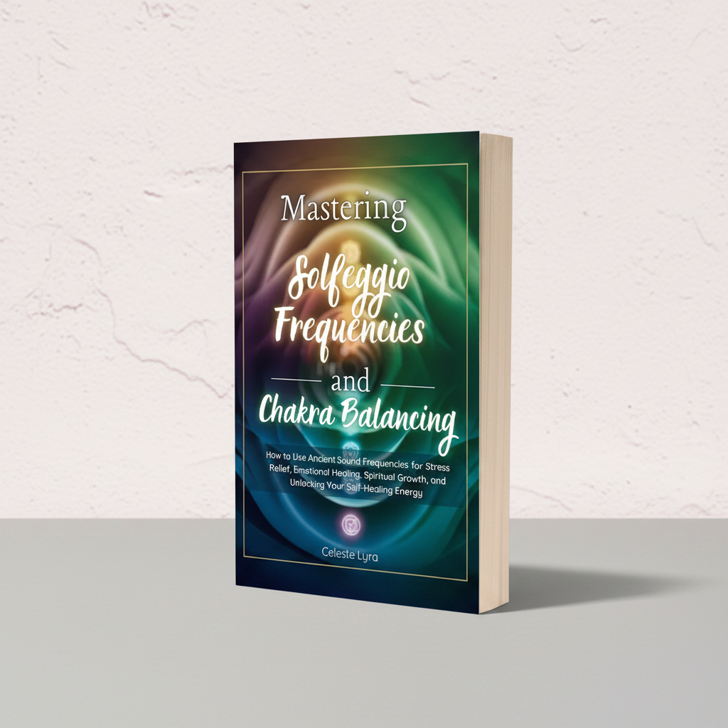 Mastering Solfeggio Frequencies and Chakra Balancing paperback book displayed beside a singing bowl and crystal in soft natural light. — for Carpe Diem Dream