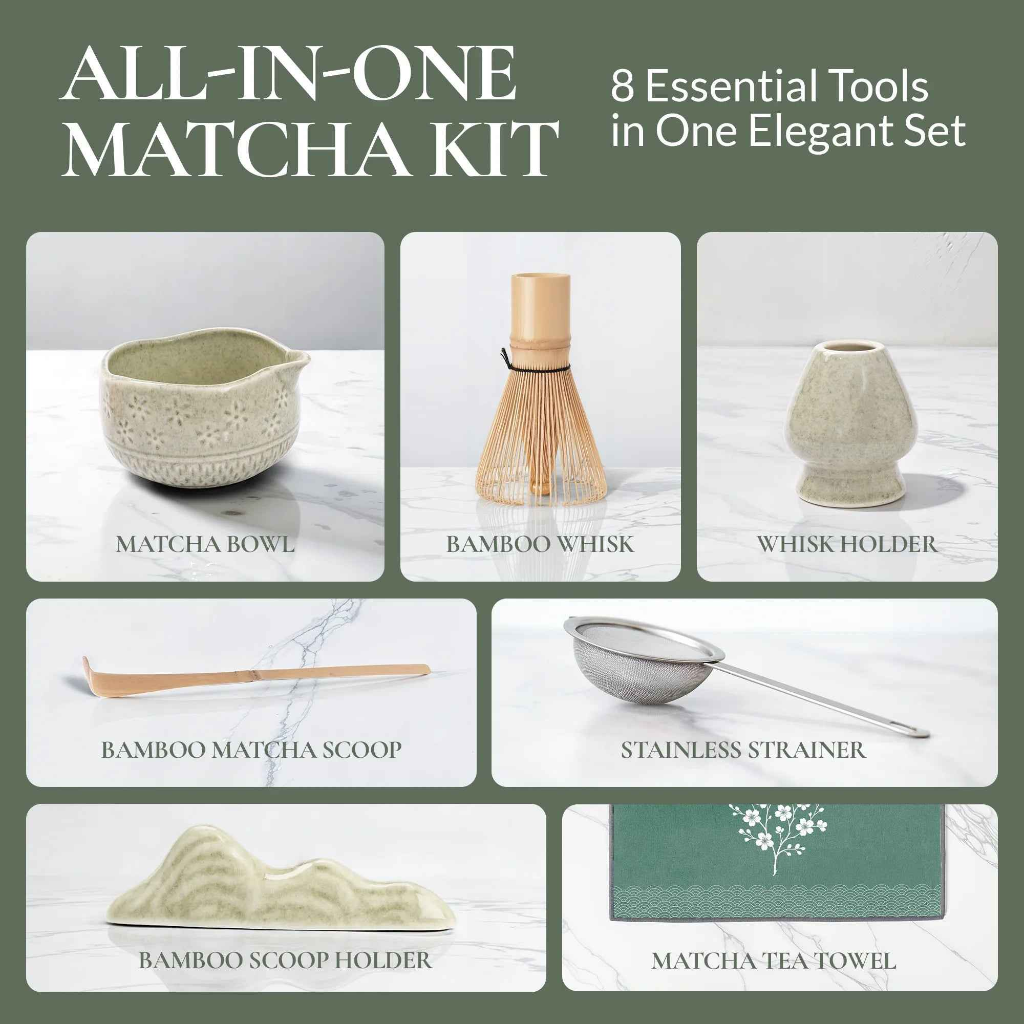 Matcha Ritual Set components including a matcha bowl, bamboo whisk, whisk holder, bamboo scoop, stainless steel strainer, scoop holder, and tea towel. — for Carpe Diem Dream

Recommended Gallery Position