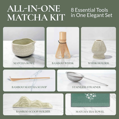 Matcha Ritual Set components including a matcha bowl, bamboo whisk, whisk holder, bamboo scoop, stainless steel strainer, scoop holder, and tea towel. — for Carpe Diem Dream

Recommended Gallery Position
