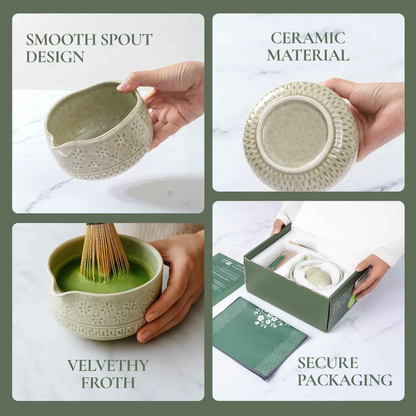 Matcha Ritual Set feature collage showing the ceramic tea bowl, smooth pouring spout, prepared matcha, and gift packaging. — for Carpe Diem Dream