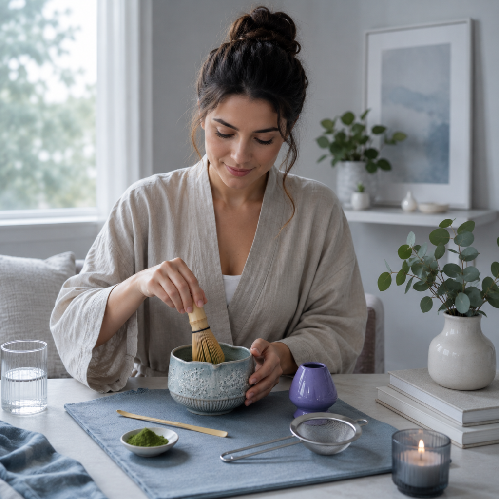 Woman preparing matcha with the Matcha Ritual Set featuring a bamboo whisk, ceramic tea bowl, scoop, and strainer in a calm wellness-inspired setting with cool natural light. — for Carpe Diem Dream