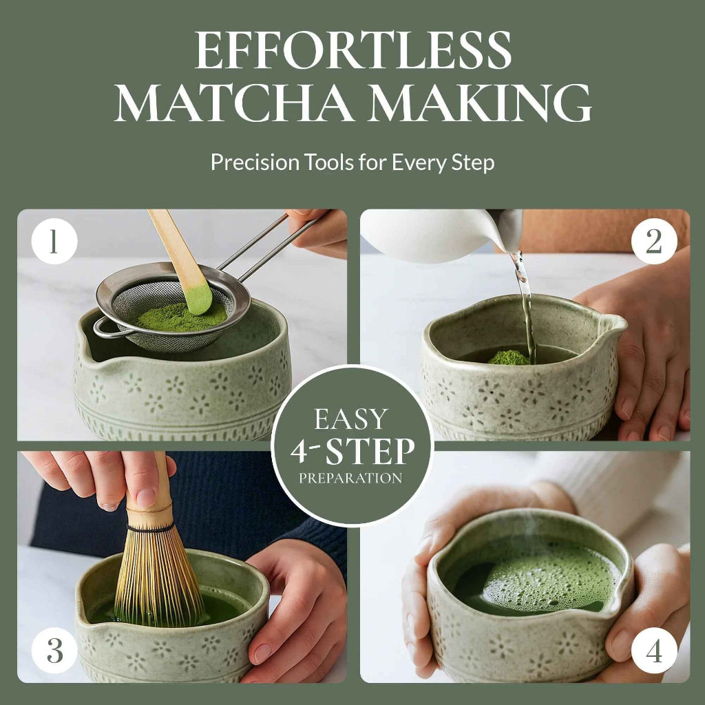 Four-step matcha preparation guide showing sifting matcha, adding water, whisking, and serving matcha in the ceramic tea bowl. — for Carpe Diem Drea