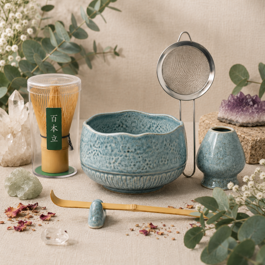 Matcha Ritual Set with bamboo whisk, ceramic tea bowl, whisk holder, scoop, and strainer styled with eucalyptus, amethyst, clear quartz, and botanical accents on a textured linen surface. — for Carpe Diem Dream
