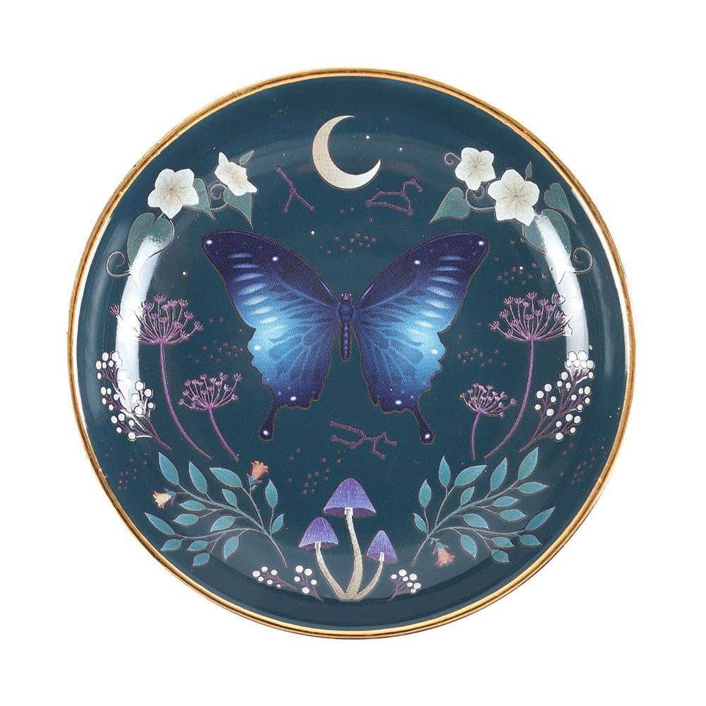 Midnight Moth Celestial Trinket Dish featuring a blue night sky design with a moth, moon, and floral details accented in gold, styled for Carpe Diem Dream.