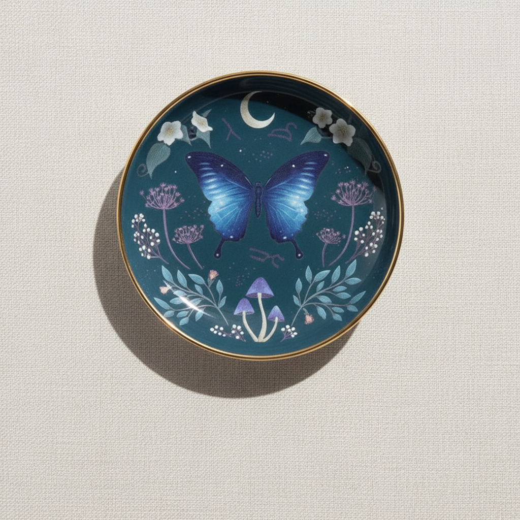 Midnight Moth Celestial Trinket Dish featuring a blue night sky design with a butterfly motif and gold edging, displayed on a soft neutral background – for Carpe Diem Dream.