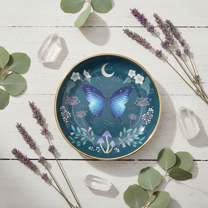Midnight Moth Celestial Trinket Dish displayed on a white wooden deck surrounded by lavender sprigs, eucalyptus leaves, and clear quartz crystals, softly lit by natural sunlight in Carpe Diem Dream’s serene boho-luxury style.