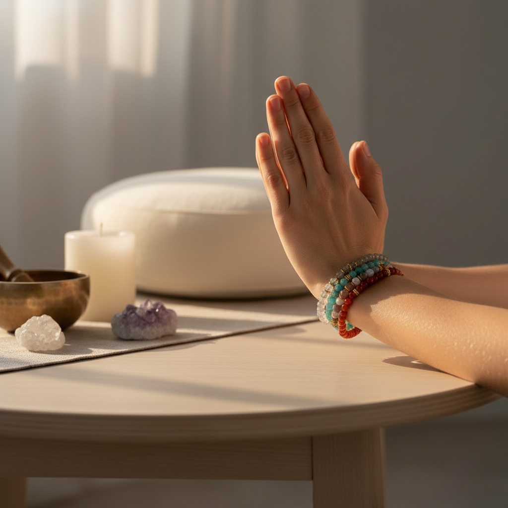 Person meditating with stacked multicolored healing crystal bracelets on the wrist beside clear quartz and lavender on a soft mauve backdrop with diffused lighting — for Carpe Diem Dream