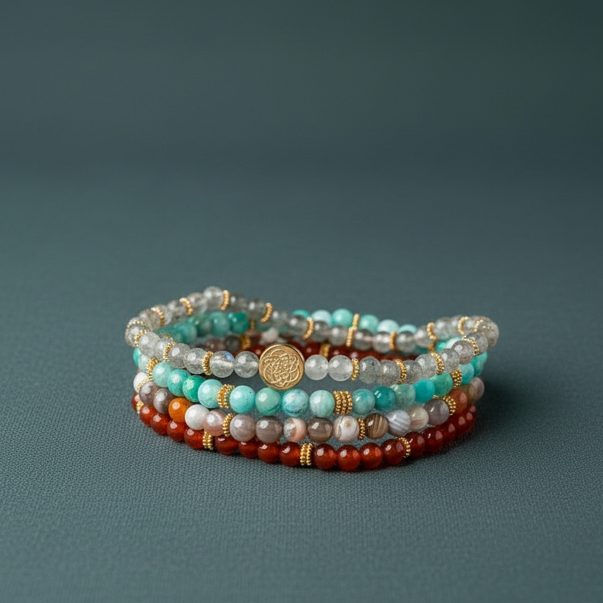 Stacked healing crystal bracelets in multicolored stones arranged neatly on a muted teal surface with soft diffused lighting. — for Carpe Diem Dream